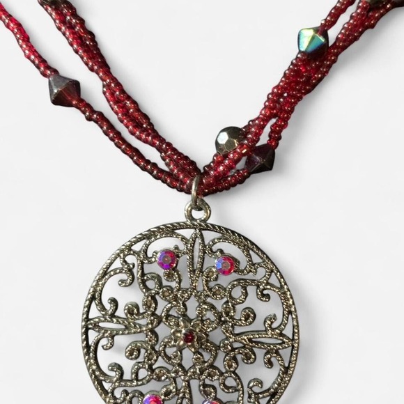 Multi-strand Beaded Necklace with Rhinestone Encrusted Pendent - Picture 1 of 4
